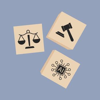 AI Ethics and Legal Framework Illustration. Justice Scales, Gavel, and Processor Icons on 3D Blocks. vector