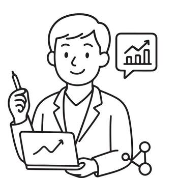 Man analyzing data with laptop and charts. vector