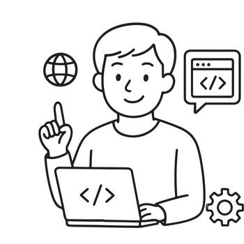 Young Man Working on Laptop with Coding Symbols and Globe Icon. vector