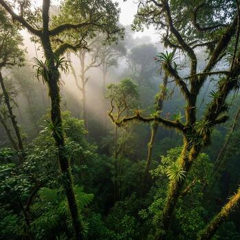 The sun shines through the canopy of a tropical rainforest photo
