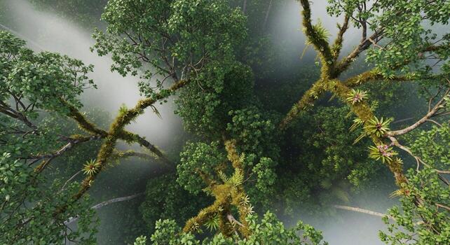 Overhead view of lush green trees with mossy branches shrouded in a soft ethereal mist creating a serene forest atmosphere photo