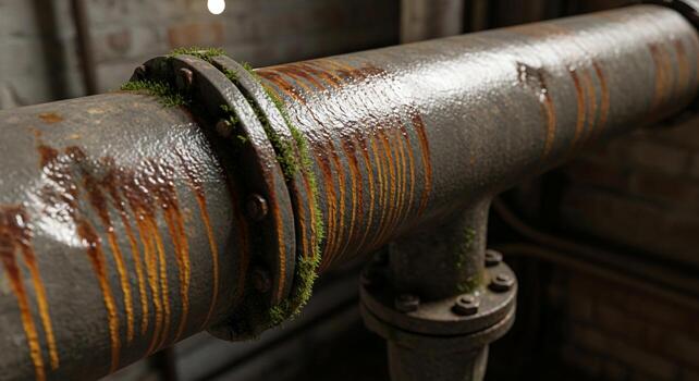 Close up view of a large weathered industrial pipe with rust streaks and a flange connection in a dimly lit environment photo