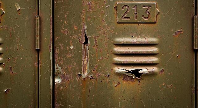 A close up of a rusty locker with numbers on it photo