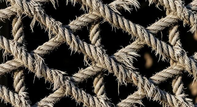 Close up of a weathered woven rope net with a diamond pattern and frayed edges showcasing texture and natural fibers photo