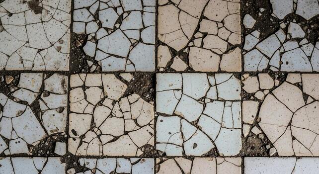 cerca arriba ver de un resistido y agrietado embaldosado superficie con visible lechada líneas y parches de oscuro escombros foto