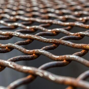 Close up abstract view of weathered rusty metal grid with intricate woven pattern and shallow depth of field photo