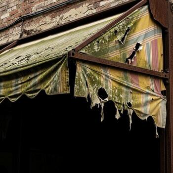 A building with a broken window and a broken awning photo
