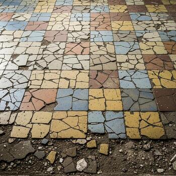 Abstract mosaic floor with cracked and broken colorful tiles creating a textured and weathered surface pattern photo