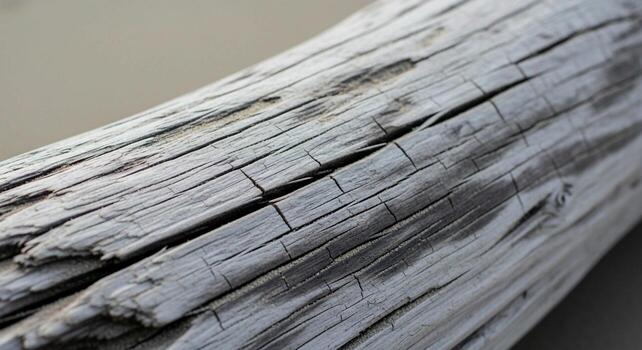 Close up texture of weathered gray driftwood showcasing deep cracks and rough grain patterns on its surface photo