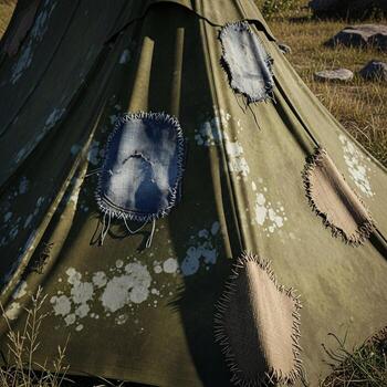Close up view of a weathered teepee with intricate floral patterns and a reflective object hanging inside photo