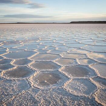 Expansive hexagonal salt flats under a softly lit sky at dusk creating a natural geometric pattern photo