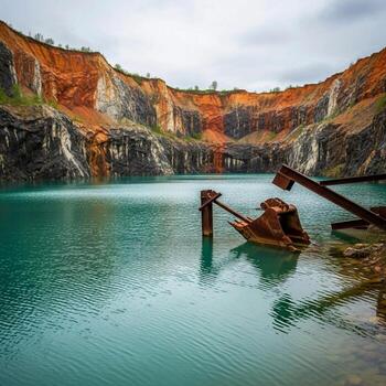 Serene turquoise waters reflecting striking orange cliffs and abandoned industrial machinery in a quarry photo