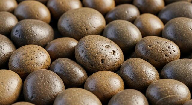 A close up textured view of numerous smooth rounded and oval shaped brown pebbles with intricate natural patterns photo