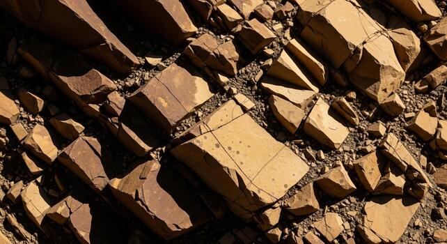 Close up view of fractured angular rust colored rock formations with sharp edges and deep shadows photo