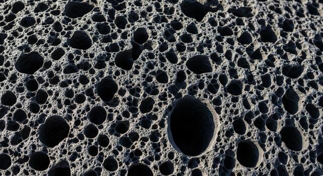 Close up abstract view of a dark porous material revealing intricate cellular structures and irregular voids photo