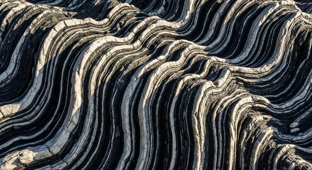 Close up view of weathered wood grain showcasing intricate patterns of light and shadow creating a textured abstract landscape photo