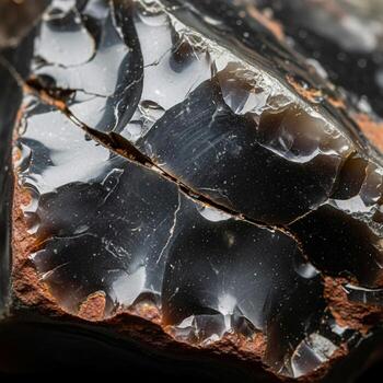 Close up view of a rough dark gray obsidian rock with sharp fractured edges and a glassy texture photo