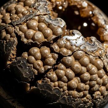Intricate close up of a weathered textured geode revealing a cluster of small rounded mineral formations within its cracked surface photo
