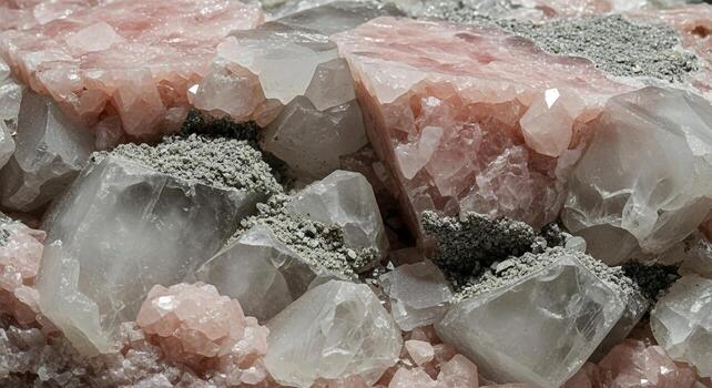 Close up view of a cluster of clear and pink quartz crystals with a rough gray matrix background photo