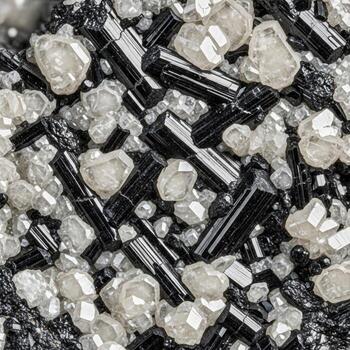 Close up abstract macro photograph of sparkling black and white crystal fragments and geometric shapes creating a textured background photo