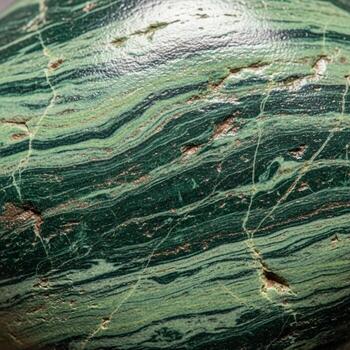Close up view of a polished green stone with intricate swirling patterns and natural mineral veins creating a beautiful abstract texture photo