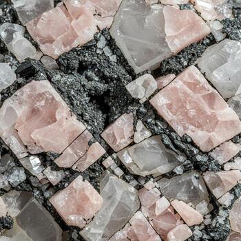 Close up abstract view of rough pink and gray rock fragments with dark green mineral inclusions creating a textured natural pattern photo