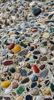 Close up view of colorful smooth river stones and pebbles embedded in concrete creating a textured mosaic surface photo