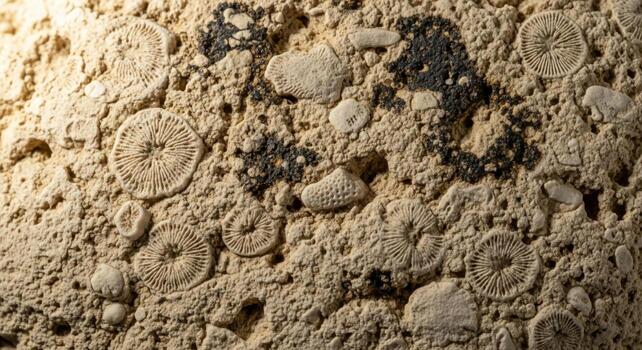 A close up of a rock with many different types of fossils photo
