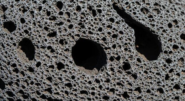 Close up abstract view of porous concrete texture with dark voids and small granular inclusions creating a unique pattern photo