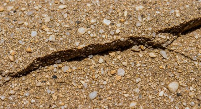 A close up view of a dark jagged crack running diagonally across a rough textured concrete surface with small pebbles embedded within photo