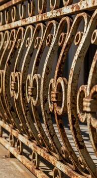 Close up of a weathered and rusty ornate wrought iron balcony railing with a repeating scroll pattern and circular accents photo