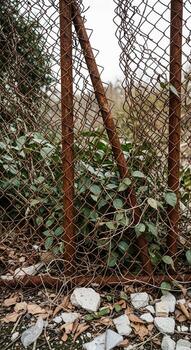 Overgrown chain link fence with rusted posts and debris scattered at its base in an outdoor natural setting photo