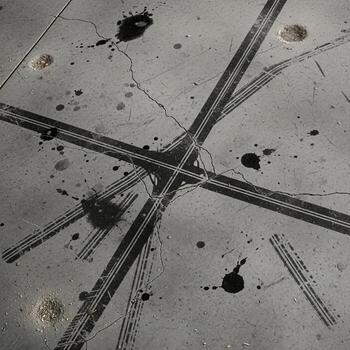 Abstract overhead view of a weathered concrete surface with intersecting dark lines and scattered black ink splatters creating a dynamic textured pattern photo