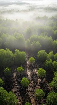 Aerial view of a misty forest canopy with a winding river cutting through lush green trees under a soft diffused light photo