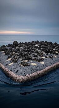 A large rock floating in the ocean with a small island in the middle photo