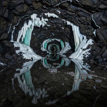 Abstract reflection of a dark cave opening with icy formations mirrored in still water creating an otherworldly symmetrical pattern photo