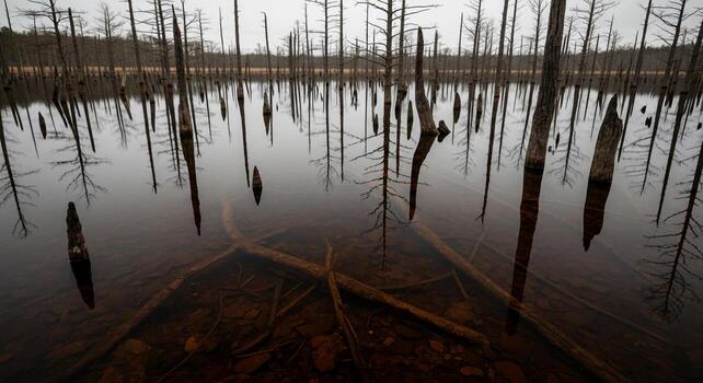 Dead trees in a swampy area with water photo