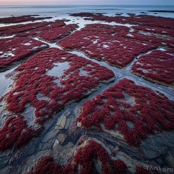 Vibrant red algae blankets rocky tidal pools creating a stunning natural mosaic at low tide under a soft twilight sky photo