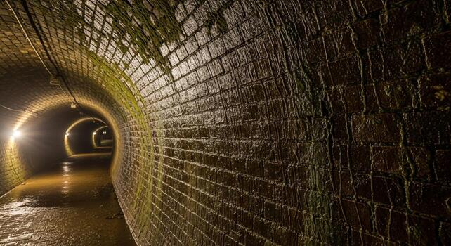 Illuminated brick tunnel with repeating arches receding into the distance creating a sense of mystery and depth photo