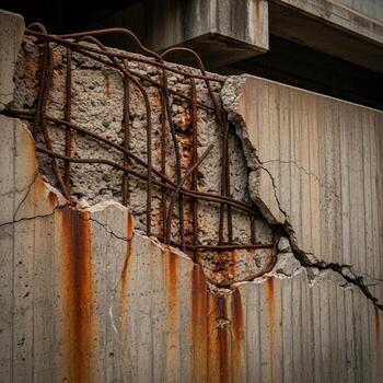 Close up view of severely deteriorated concrete structure revealing rusted rebar and orange rust stains dripping down the wall photo