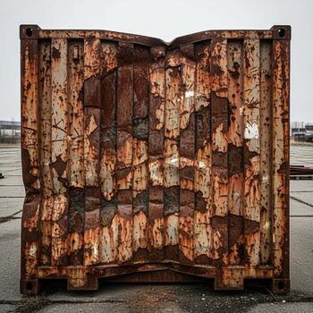 A heavily rusted and weathered shipping container its corrugated metal panels showing extensive decay and damage stands open and empty photo