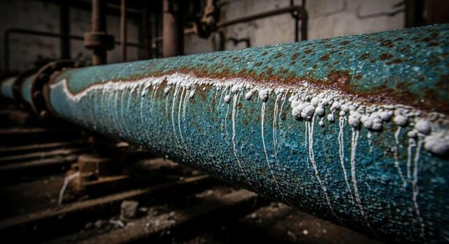 Close up of a large heavily corroded industrial pipe with dripping white residue in a dark abandoned factory setting photo