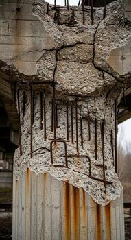 Close up view of a severely damaged concrete support column showing exposed rebar and signs of significant structural deterioration and rust photo