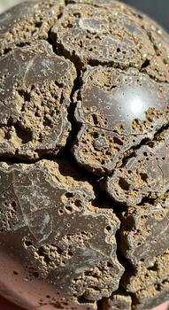 cerca arriba ver de un resistido agrietado y texturizado fosilizado objeto con un brillante superficie reflejando ligero foto