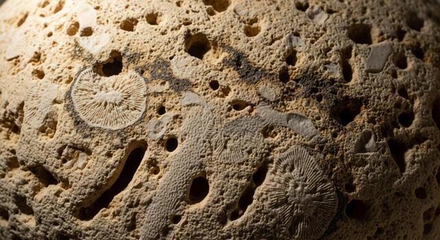 Intricate ancient stone carving with weathered texture and visible fossilized patterns showcasing history and natural formations photo