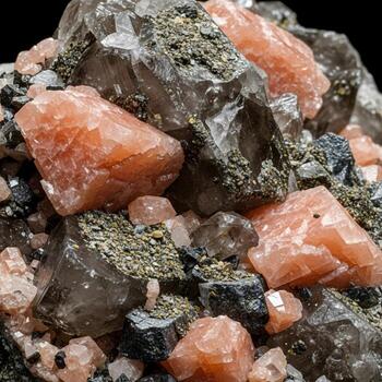 Close up view of a cluster of rough orange calcite crystals embedded within a dark gray rocky matrix with green mineral inclusions photo