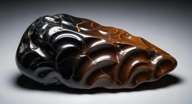 Intricately carved dark and amber colored fossilized amber with swirling patterns and a polished surface photo