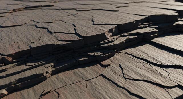 Sunlight casts long shadows across a textured surface of overlapping weathered slate tiles creating a dramatic and abstract pattern photo