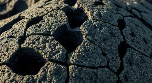 Intricate close up of a textured weathered rock formation with a honeycomb like pattern and deep shadows photo