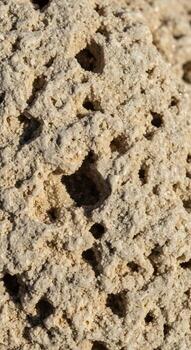 Close up view of a rough textured rock surface showing granular composition and dark mineral inclusions creating a natural abstract pattern photo